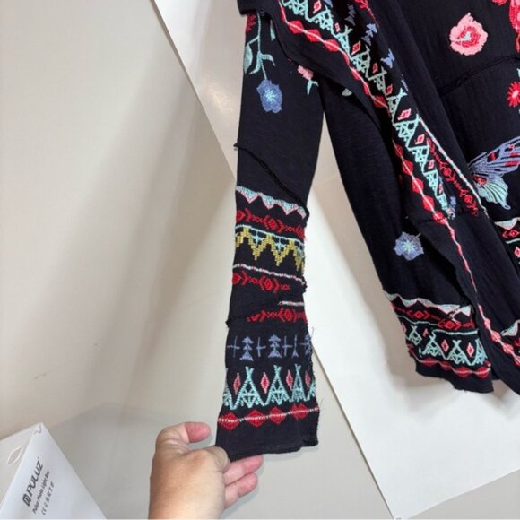 CAITE Embroidered Black Open Front Cardigan with Hood Boho Festival Style Small - Picture 8 of 14